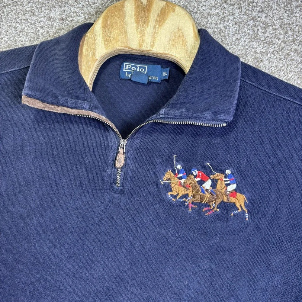 Polo By Ralph Lauren Sweater Mens XL Blue Cotton Quarter Zip Mock Neck Pullover
